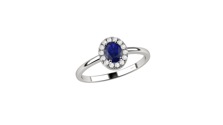 Anello Halo in oro bianco, diamanti e zaffiro Anello Halo in oro bianco, diamanti e zaffiro